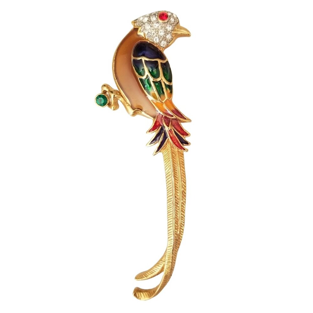 Premier Design Plique A Jour Enamel Rhinestone Parrot Pin Brooch